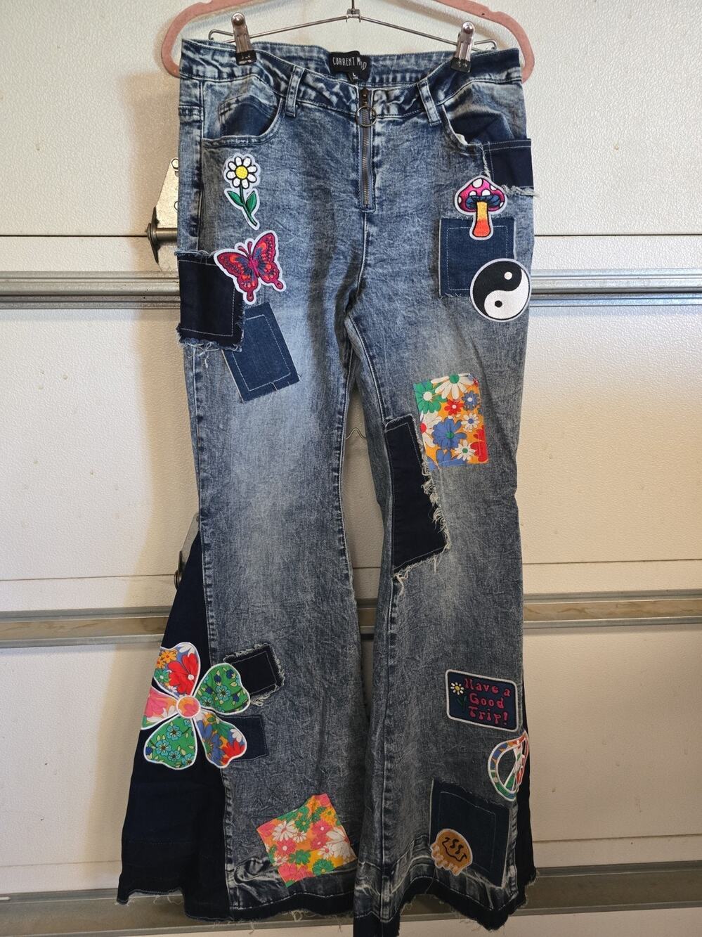 Dolls Kill Patchwork Bell Flare Jeans Sz.LStretch Waist Boho,Frayed,Current Mood